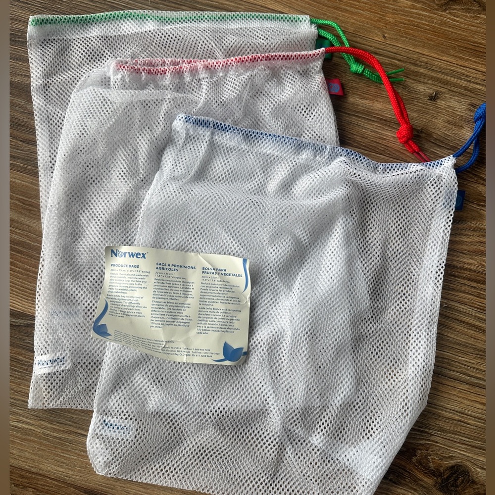Norwex Mesh Produce Bags - White with Red, Green, Blue Drawstrings